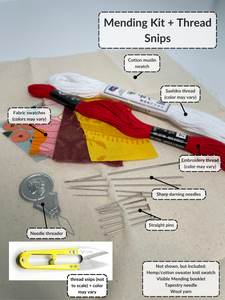 A small white piece of fabric lays under mending supplies: embroidery thread, sashiko thread, cotton swatches, needles, pins, needle threader, and yellow thread snips. Text: thread snips not to scale and color may vary.. Text with lines connected to the items point to each them. Text: Mending kit. Not shown, but included: hemp/cotton sweater knit swatch, visible mending booklet, tapestry needle, wool yarn. 