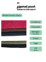 Load image into Gallery viewer, DIY zippered pouch sewing pattern and kit. Waxed canvas colors: cranberry (red), chocolate (dark brown), midnight (navy blue), cream, sage, and ink (black). 
