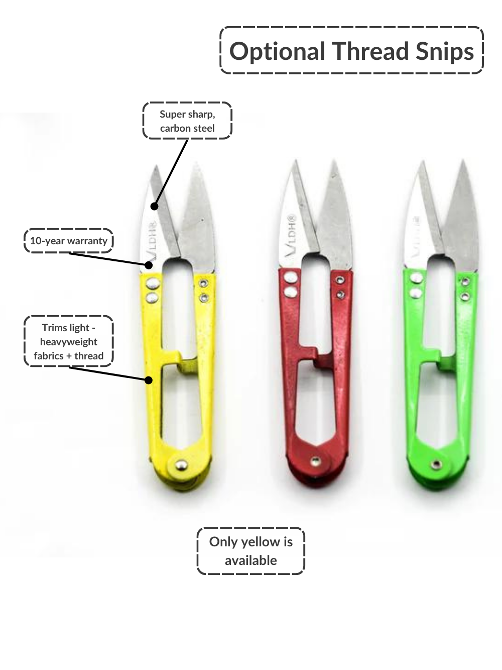 Optional thread snips are super sharp, carbon steel with 10 year warranty. Trims light-heavyweight fabrics and thread. Only yellow snips are available. Shown with red and green snips.
