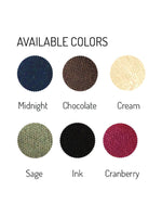 Load image into Gallery viewer, Circle swatches of waxed canvas colors. Text reads: Midnight; Chocolate; Cream; Sage; Ink; Cranberry. 
