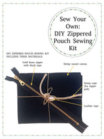 Load image into Gallery viewer, A small piece of folded black waxed canvas, a brass zipper, hemp rope, and role of leather tape, tied in a bow with twine. Text reads: DIY ZIPPERED POUCH SEWING KIT INCLUDES THESE MATERIALS: Gold brass zipper; Hemp waxed canvas; Hemp rope (for zipper pull); Leather tape. Text above reads: Sew Your Own: DIY Zippered Pouch Sewing Kit. 
