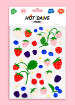 Load image into Gallery viewer, Sheet of fruit-themed stickers by Hot Dang Press on a pink background

