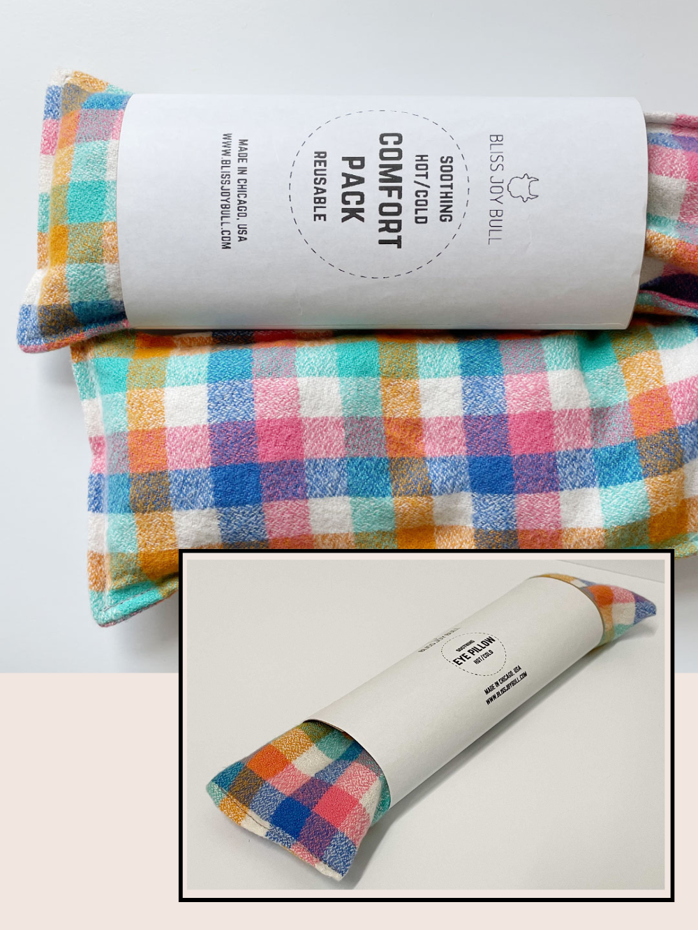 Two grain bags filled with cherry pits; one for shoulders and one eye pillow with white labels. In a colorful, bright plaid fabric. 