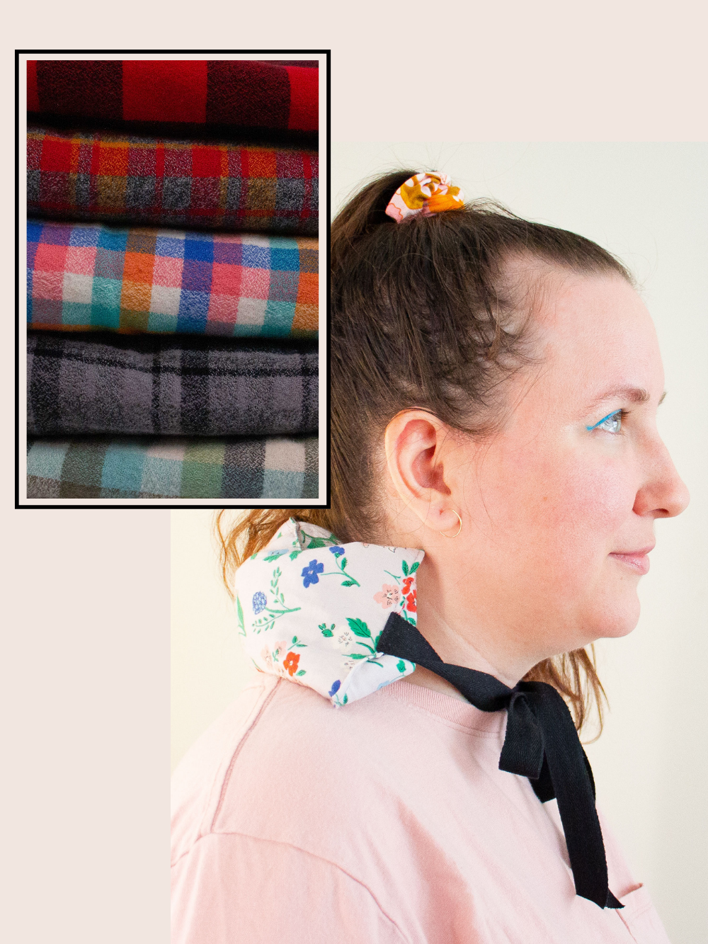 Profile of a smiling woman has a cherry pit grain bag with ties tied around her neck. Inset image with plaid fabric options in 5 different colors. 