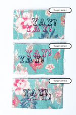 Load image into Gallery viewer, 3 sew-on patches in teal floral denim with embroidered YAY! 2 times in the middle. Top: floral YAY! #1: navy YAY!, dark pink YAY! Middle: floral YAY! #2: dark pink YAY!, navy blue YAY! Floral YAY #3: navy blue YAY! light pink YAY!
