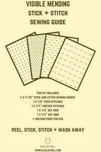 Visible mending stick and stitch sewing guide with simple, geometric shapes of grids and even and unevenly spaced stitches. 