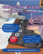 Load image into Gallery viewer, Promotional flyer for a sewing event called 'Troubleshoot Tuesdays' featuring a sewing machine, a black piece of fabric with metal washer fabric weights, a red magnetic pin cushion, and text detailing the event schedule and location.
