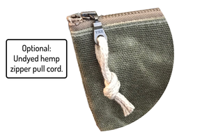 Zippered pouch shown with optional zipper pull make from hemp rope cord. 