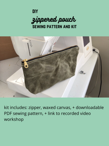 Waxed canvas zippered pouch sits on sewing machine. DIY zippered pouch sewing pattern and kit. Kit includes: zipper, waxed canvas, and downloadable PDF sewing pattern, and link to recorded video workshop. 