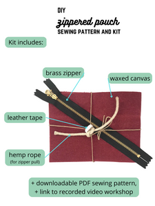 DIY zippered pouch sewing pattern and kit. Kit includes: brass zipper, waxed canvas, leather tape, hemp rope (for zipper pull), and downloadable PDF sewing pattern, and link to recorded video workshop. 
