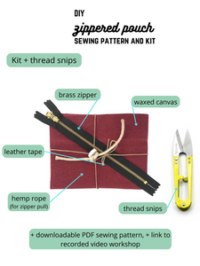 DIY zippered pouch sewing pattern and kit. Kit and thread snips: brass zipper, waxed canvas, leather tape, hemp rope (for zipper pull), thread snips and downloadable PDF sewing pattern, and link to recorded video workshop. 
