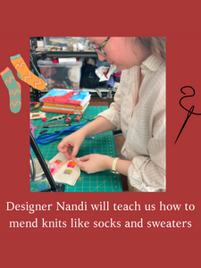 Woman darns a fabric swatch. Designer Nandi will teach us how to mend knits like socks and sweaters. 