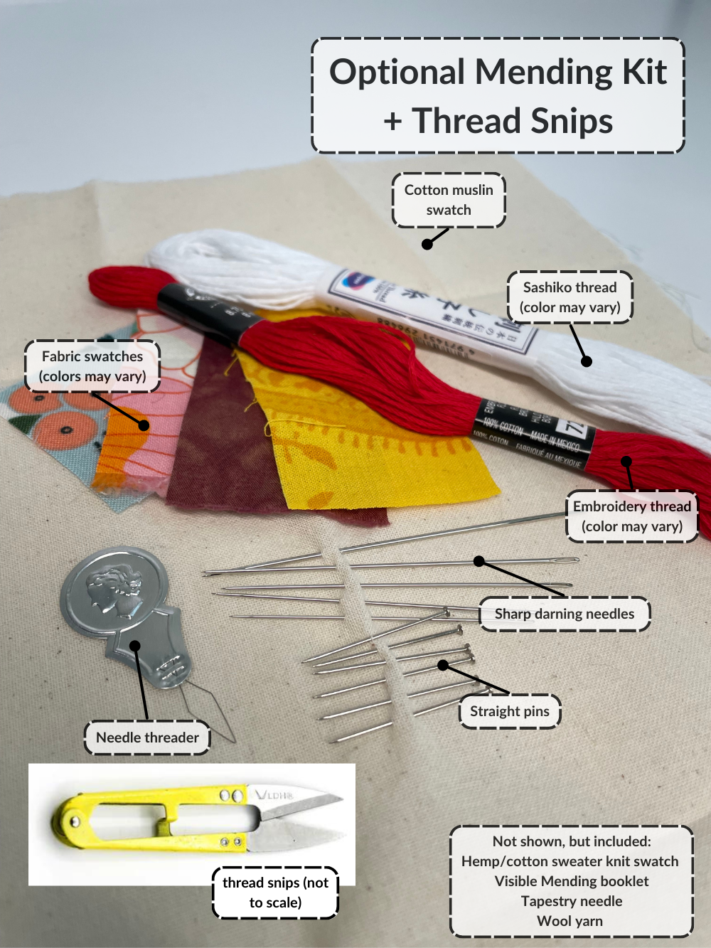 Optional mending kit: cotton muslin swatch, sashiko thread, fabrics swatches, embroidery thread, needle threaders, sharp darning needles, straight pins. Included from not shown: knit sweater swatch, visible mending booklet, tapestry needle, wool yarn, and thread snips. Colors may vary for thread colors and fabric swatches. 