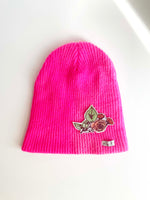 Load image into Gallery viewer, Hot pink knit hat with rose bush applique on bottom right. 
