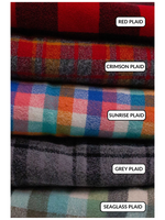 Load image into Gallery viewer, All of the plaid fabrics in a stack: Red plaid: large buffalo plaid in red and black. Crimson plaid: small plaid in shades of red, orange, and grey. Sunrise plaid: small plaid with pinks, oranges, blues, and teal greens. Seaglass plaid: larger plaid with greens, light blue, and grey. Grey plaid: small plaid with greys and black. 
