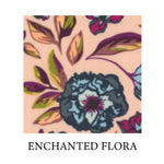 Load image into Gallery viewer, enchanted flora - blue peonies with maroon pistil, peach, green, yellow and maroon leaves on peach background - Oeko-tex 100 standard cotton

