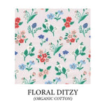 Load image into Gallery viewer, (floral ditzy) red, peach, blue or white flowers, on light pink background - organic cotton
