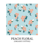 Load image into Gallery viewer, (peach floral) peach colored flowers on light blue background - organic cotton
