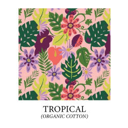 (tropical) - green monstera leaves, dark green and lime green tropical leaves, pink and purple tropical flowers on peach pink background - organic cotton