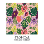 Load image into Gallery viewer, (tropical) - green monstera leaves, dark green and lime green tropical leaves, pink and purple tropical flowers on peach pink background - organic cotton
