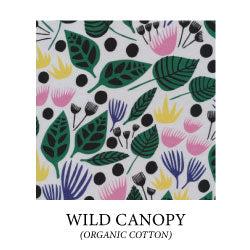 (wild canopy) large geometric green and black leaves and pink, yellow, and purple flowers on white background - organic cotton
