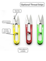 Load image into Gallery viewer, Optional thread snips are super sharp, carbon steel with 10 year warranty. Trims light-heavyweight fabrics and thread. Only yellow snips are available. Shown with red and green snips.
