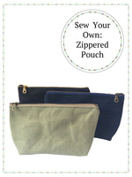 Load image into Gallery viewer, 3 waxed canvas pouches in a row. Text above reads: Sew Your Own: Zippered Pouch. 

