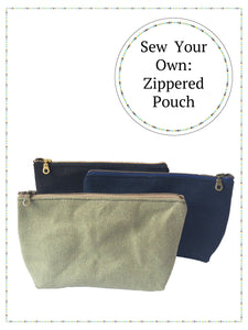 3 waxed canvas pouches in a row. Text above reads: Sew Your Own: Zippered Pouch. 